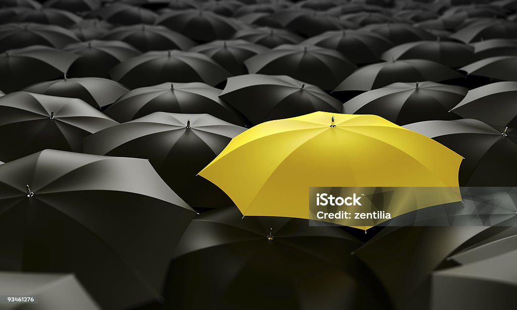 yellow umbrella 3d rendering of a sea of umbrellas Umbrella Stock Photo