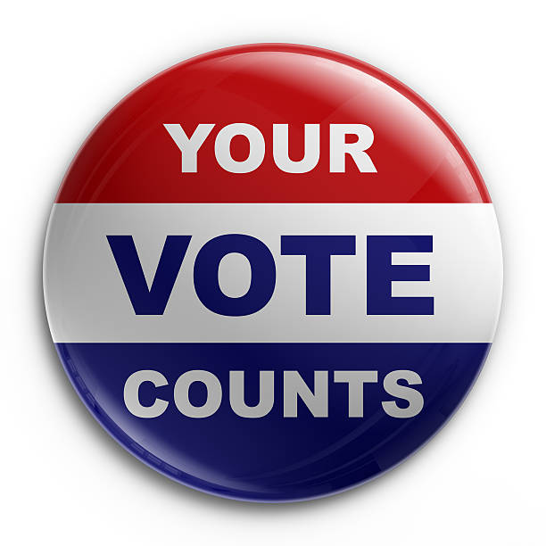 istock Round election badge with writing in red, blue and white 93461359