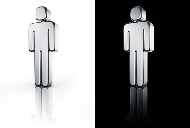 3d rendering of a male symbol in brushed metal on a white and black reflective floor.