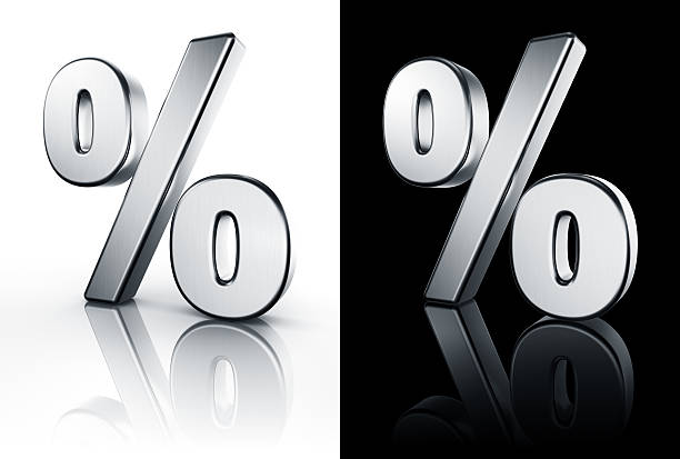 3d rendering of the percentage sign in brushed metal on a white and black reflective floor.