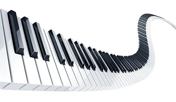 Photo of Piano keys in endless wave on white background