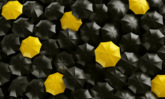Birds-eye view of black and yellow umbrellas