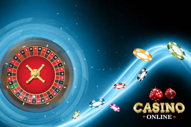 Vector illustration of Design casino banner with roulette and poker chips. Vector illustration wheel fortune in casino on blue neon background