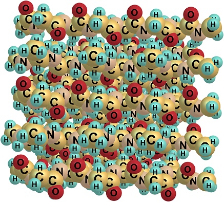 Fibroin is an insoluble protein present in silk created by spiders. 3d illustration