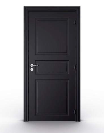 3d rendering of a black closed door standing on a white floor