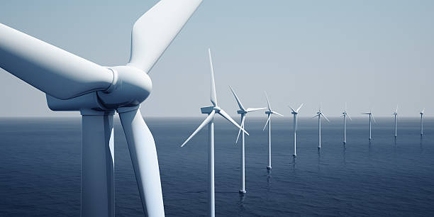 Windturbines on the ocean 3d rendering of windturbines on the ocean turbine stock pictures, royalty-free photos & images