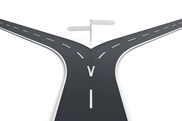 3d rendering of a road splitting with road blank signs