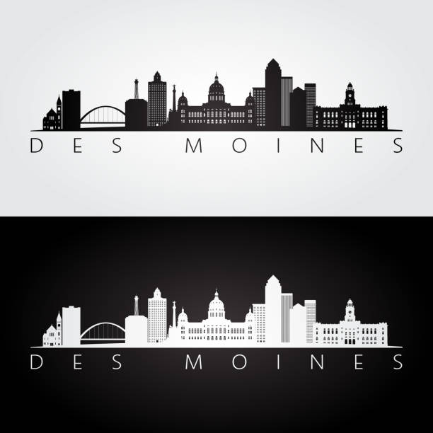 Des Moines USA skyline and landmarks silhouette, black and white design, vector illustration. Des Moines USA skyline and landmarks silhouette, black and white design, vector illustration. iowa stock illustrations