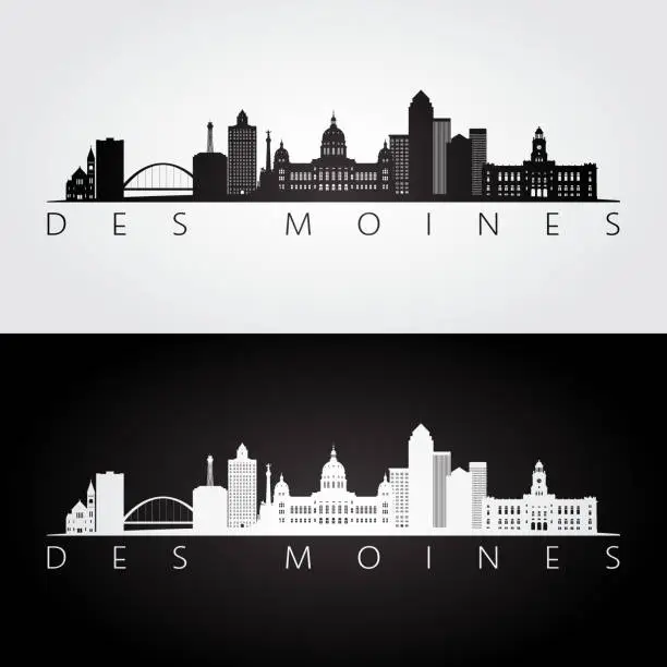 Vector illustration of Des Moines USA skyline and landmarks silhouette, black and white design, vector illustration.