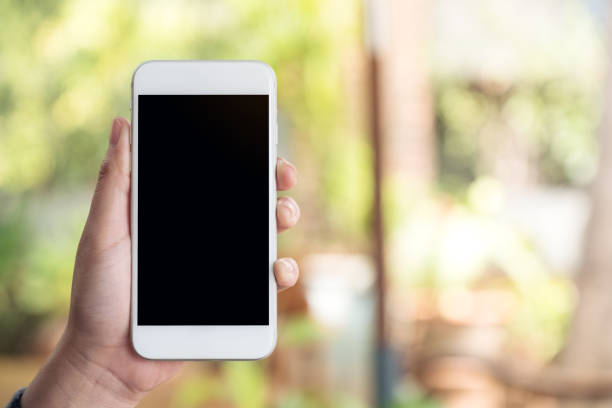 Mockup image of a hand holding and showing white smart phone with blank  desktop screen in outdoor with blur green nature background