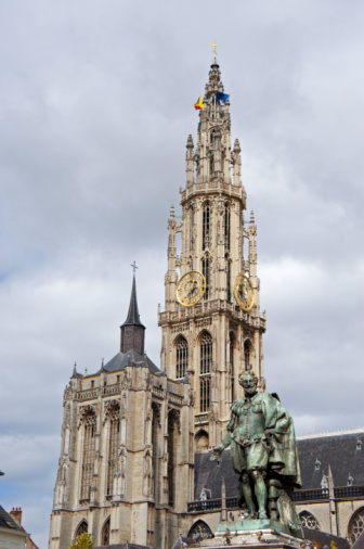 The Bronze statue of the Flemish painter Peter Paul Rubens at the Groenplaats  (=Green place) in the very center of old Antwerp in front of the Cathedral of Our Lady (Dutch: Onze-Lieve-Vrouwekathedraal).  Willem Geefs (1805-1883) was the sculptor. The statue was erected in 1843.