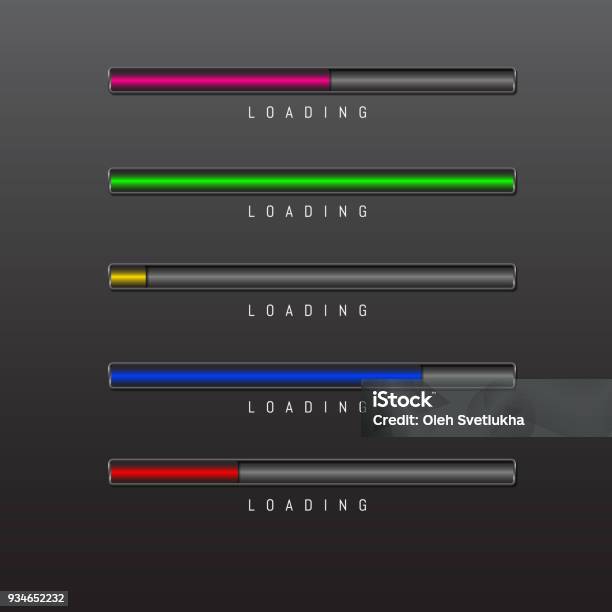 Progress Bar And Loading Different Colors On Black Background Vector ...