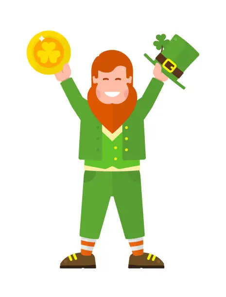 Vector illustration of Funny cute leprechaun character for St. Patrick celebration Day. Modern flat illustration of little bearded man in green suit, hat and with coin in hand from irish folklore. Sign of luck and happy.