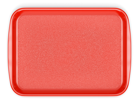 Red glossy plastic food tray isolated on white background. Top view. 3D illustration