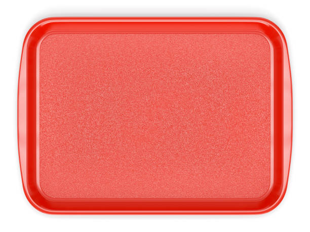 Red plastic food tray Red glossy plastic food tray isolated on white background. Top view. 3D illustration tray stock pictures, royalty-free photos & images