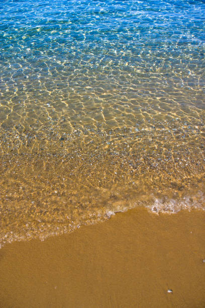 istock Seashore with blue water and orange sand and waves 934655064