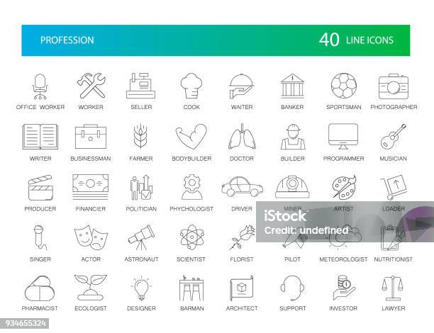 Line Icons Set Proffesion Pack Stock Illustration - Download Image Now - Icon Symbol, Florist, Photographer