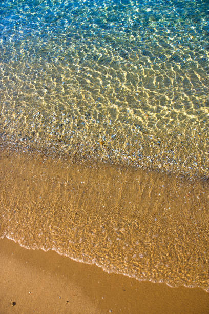 istock Seashore with blue water and orange sand and waves 934659644