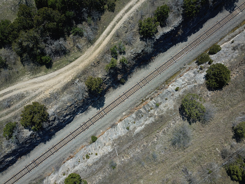 aerial view of railroad tracks in rural Texas near Waco and Cleburne