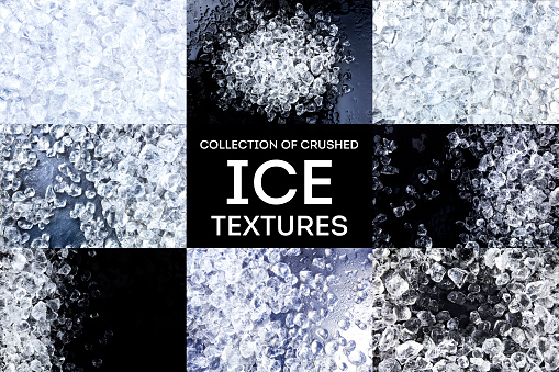 Crushed ice textures collection. Ice cubes on black background. Copy space, top view
