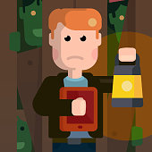 istock Funny scared man hide from zombies. Flat illustration of zombie apocalypse. Zombieland at the night. 934667302