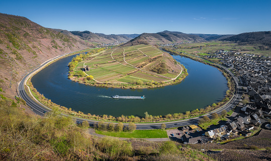Moselle river bend with the historic town of Bremm, Rheinland-Pfalz, Germany