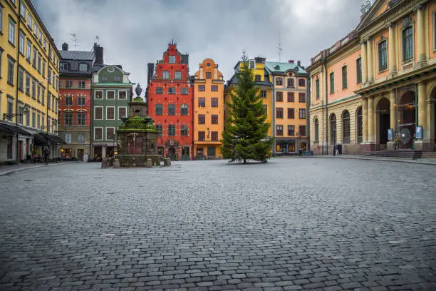 Classic view of colorful houses at famous Stortorget town square with Christmas Tree in Stockholm's historic Gamla Stan (Old Town) on a moody cloudy day in winter, central Stockholm, Sweden