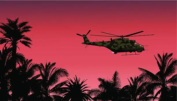 Vector illustration of helicopter against the sunset