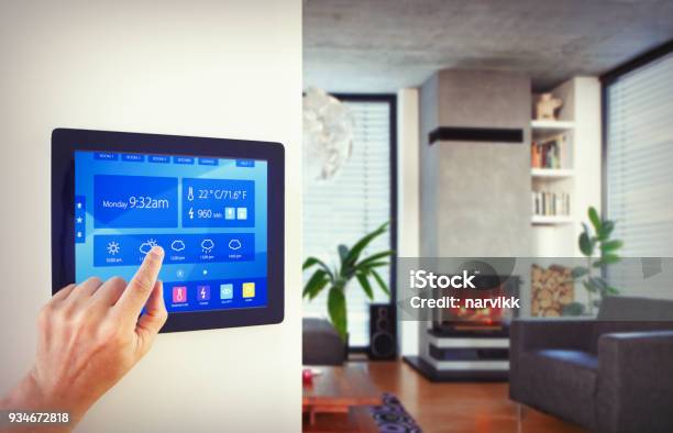Home Automation In Living Room Stock Photo - Download Image Now - Home Automation, Internet of Things, Window Blinds