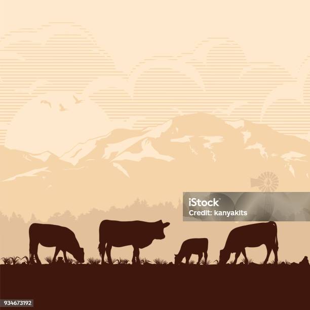 Silhouette Of Cattle In Countryside Vector Illustration Stock Illustration - Download Image Now