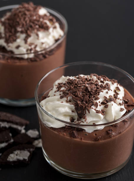 istock Chocolate mousse in a glasses on a black stone background. 934675730