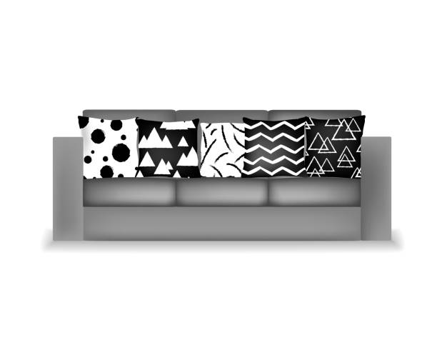 istock Light gray fabric three-seat modern sofa with moredr ornament black and white pillows. Vector 934679510