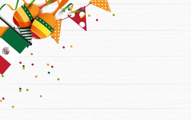 Mexican holiday background. Mexican holiday background. Bunting flags, macaras, mexican flag on white wooden background. Top view. Vector illustrationMexican holiday background. Bunting flags, macaras, mexican flag on white wooden background. Top view. Vector illustration mexican sarape stock illustrations