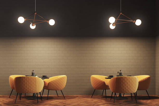 istock Gray brick modern cafe, yellow armchairs 934681830