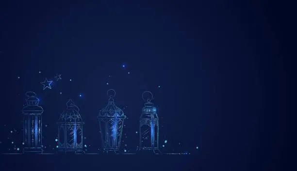 Vector illustration of Hand Drawn Illusration of Ramadan Lanterns with Lights