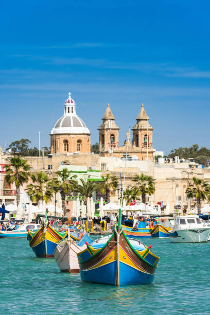 Traditional fisherman village and boats,Malta stock photo