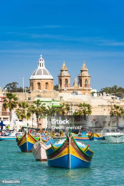 Traditional Fisherman Village And Boatsmalta Stock Photo - Download Image Now - Malta, Marsaxlokk, Blue