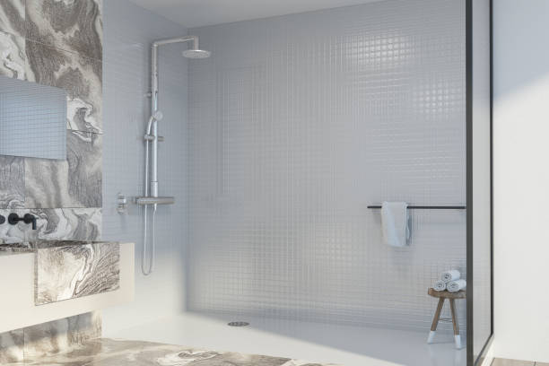 istock White marble bathroom corner, shower and sink 934685128