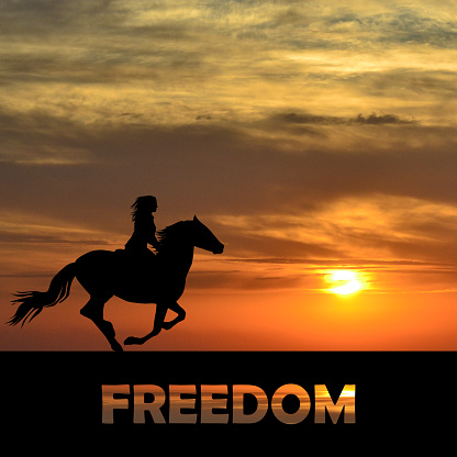 Freedom abstract concept with woman riding a horse