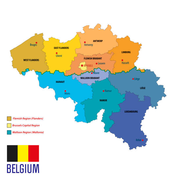 illustrazioni stock, clip art, cartoni animati e icone di tendenza di mappa vettoriale politica del belgio - belgio
