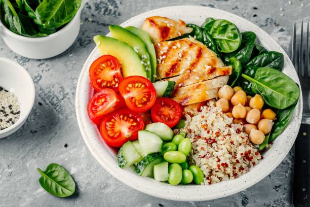 istock Buddha bowl with spinach salad, quinoa, chickpeas, grilled chicken, avocado, tomatoes, cucumbers, sesame seeds. 934685682