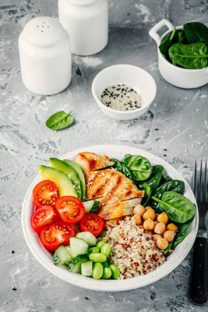istock Buddha bowl with spinach salad, quinoa, chickpeas, grilled chicken, avocado, tomatoes, cucumbers, sesame seeds. 934685726