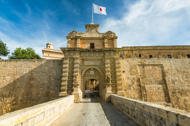 Fortified gate to Mdina,Silent City in Malta stock photo