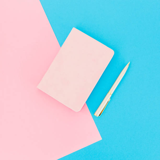 istock Dairy and pen on blue and pink background. Flat lay. Top view 934693422