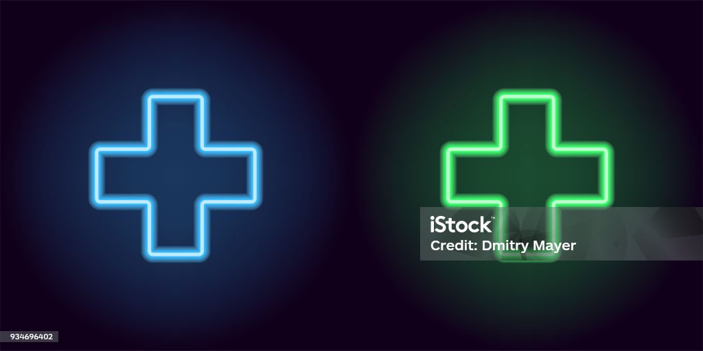 Blue and green neon medical cross Blue and green neon medical cross. Vector silhouette of neon medical cross consisting of outline, with backlight on the dark background Green Color stock vector