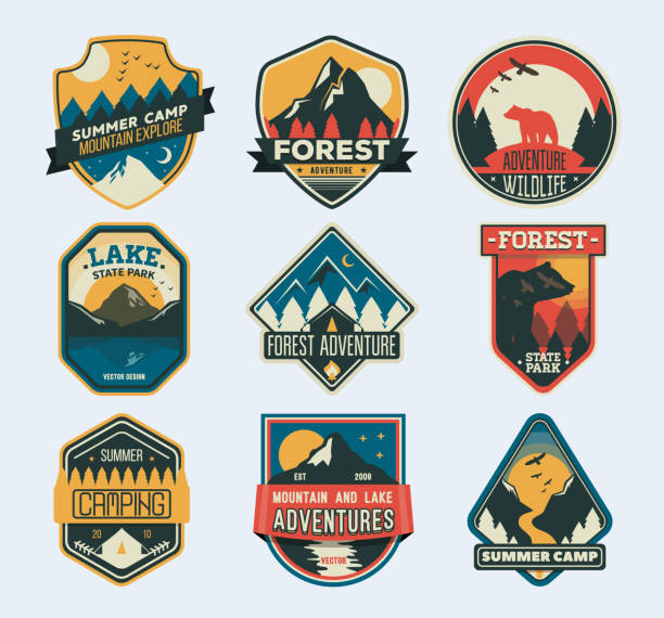 Camp Patches. Badge for forest camping, exploration camp, tourism extreme sport club. Set of isolated badges with mountain peaks and forest camp. Wild travel sticker. Landscape of rocks, national park travel logo stock illustrations