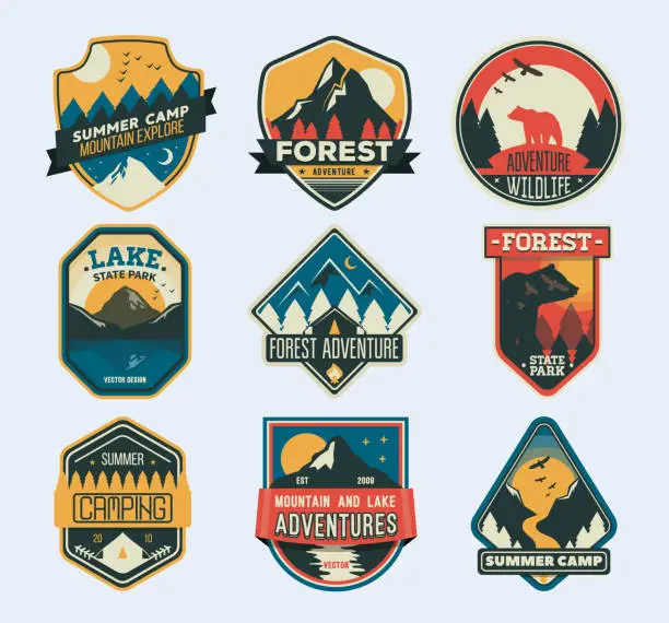 Vector illustration of Camp Patches. Badge for forest camping, exploration camp, tourism extreme sport club.