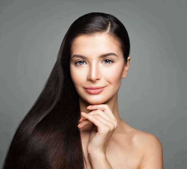 cute woman with beautiful long straight hair. haircare concept - root hair imagens e fotografias de stock