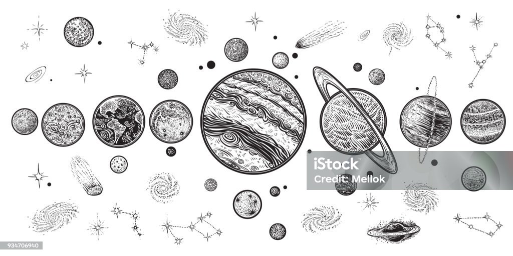 Planets and space hand drawn vector illustration. Solar system with satellites. Planets and space hand drawn vector illustration. Solar system with satellites, constellations, galaxy and celestial bodies. Linear art with, engraging style. Planet - Space stock vector