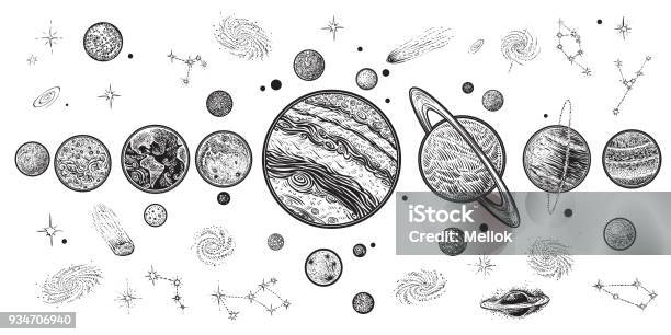 Planets And Space Hand Drawn Vector Illustration Solar System With Satellites Stock Illustration - Download Image Now